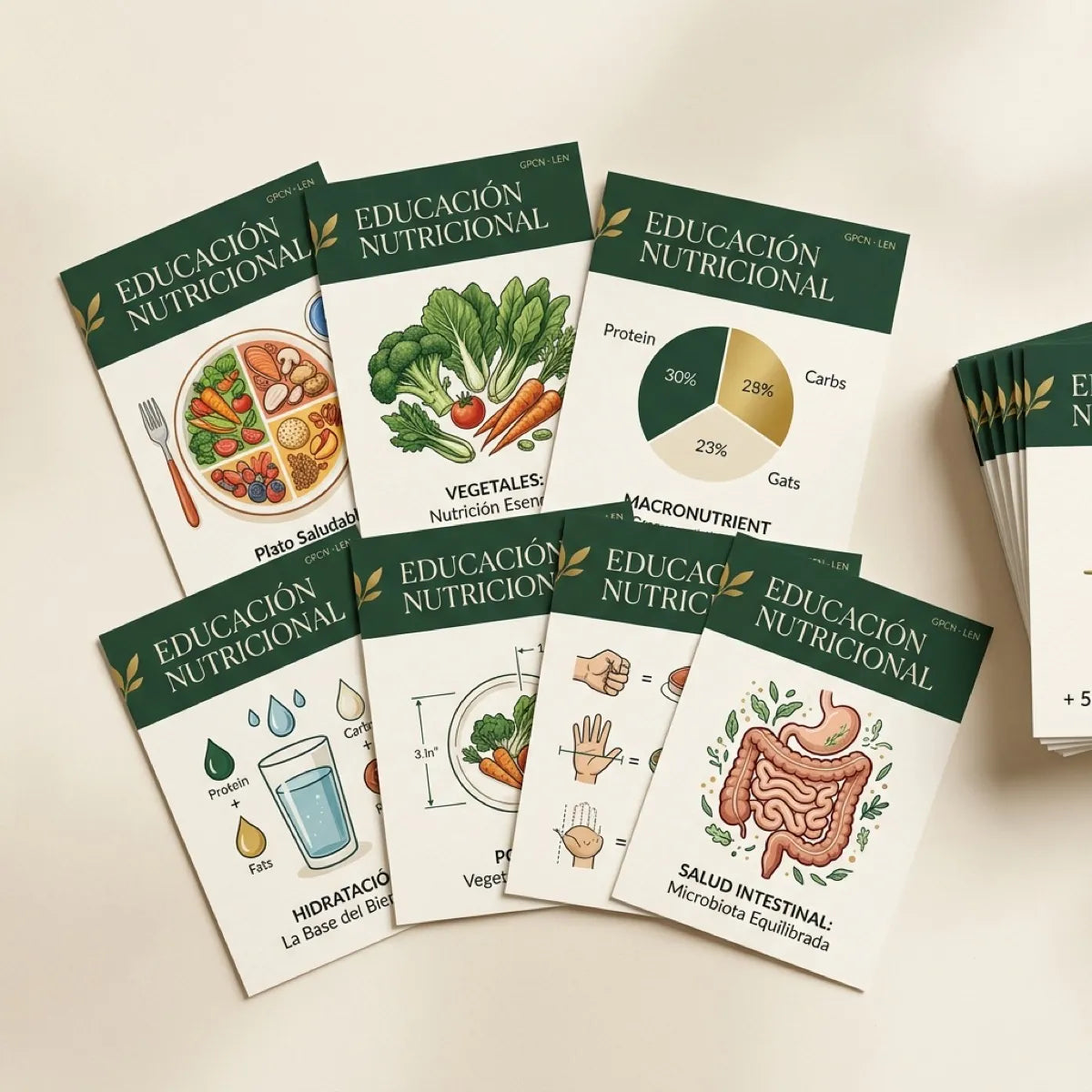 LEN — Láminas de Educación Nutricional GPCN, 60 piezas ilustradas en flat lay
