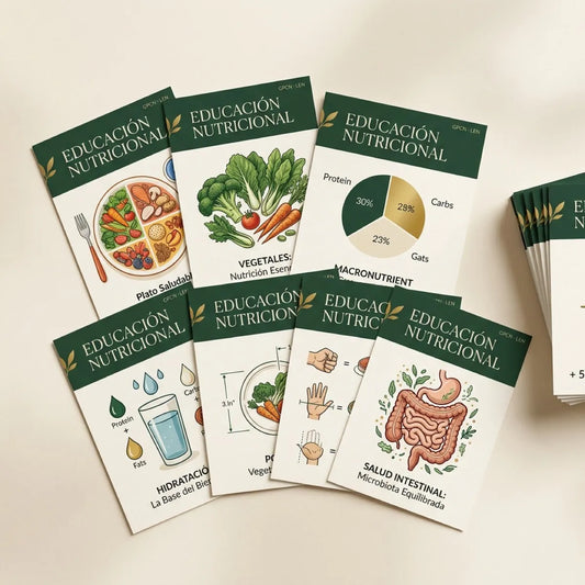 LEN — Láminas de Educación Nutricional GPCN, 60 piezas ilustradas en flat lay